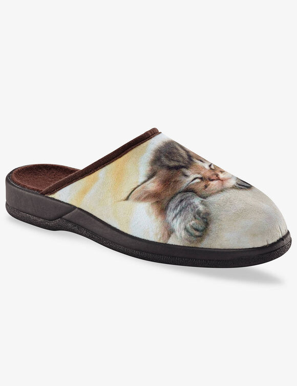 Mules impression photo chaton endormi  (beige / marron) Mules impression photo chaton endormi  (beige / marron)